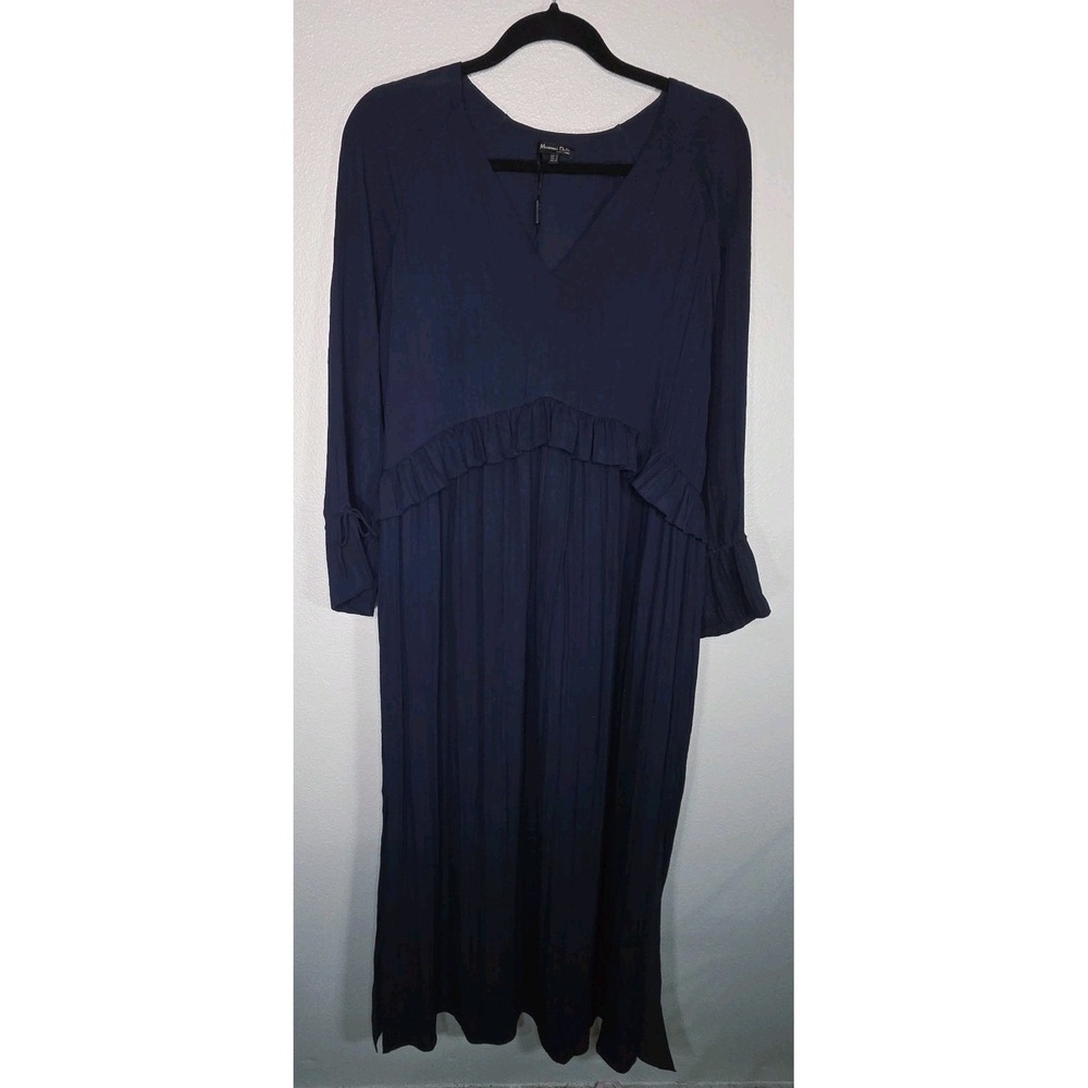 Massimo Dutti Navy Pleated Midi Dress Long Sleeve Ruffle Detail Size S